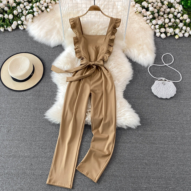 Ruffle apron tie waist jumpsuit