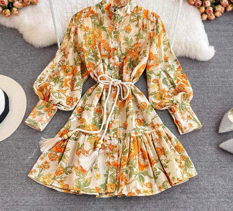 Cuff sleeve floral drop waist dress