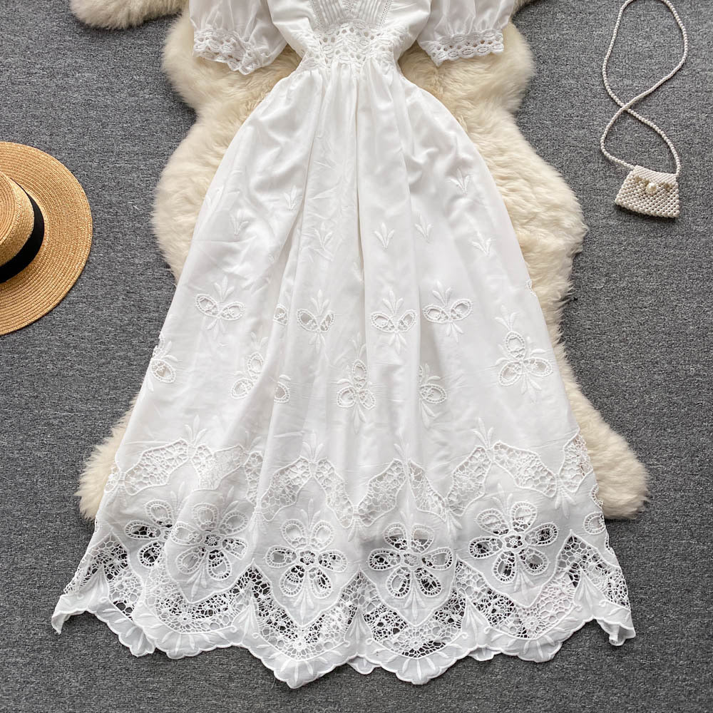 Puff sleeve eyelet embroidery lace V neck maxi dress