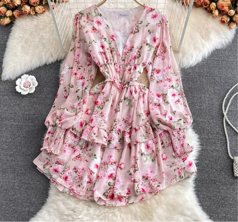 Bishop sleeve deep V neck floral ruffle dress