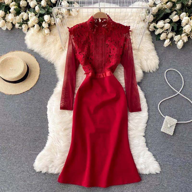 Mesh sleeve embellished lace blousons dress in red