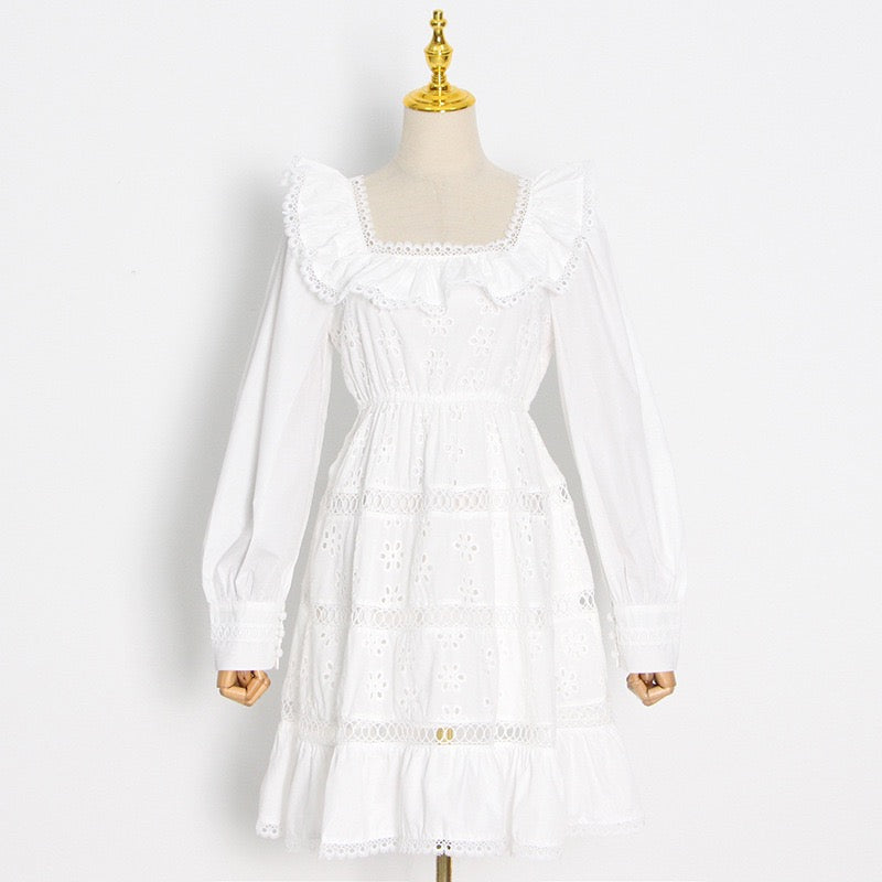 Eyelet embroidery ruffle neckline A line dress