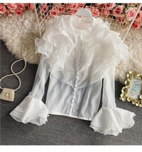 Flounce sleeve ruffle front with pearls button blouse