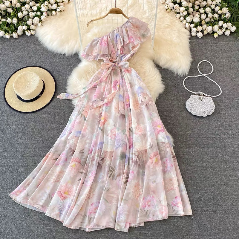 One shoulder ruffle floral maxi dress