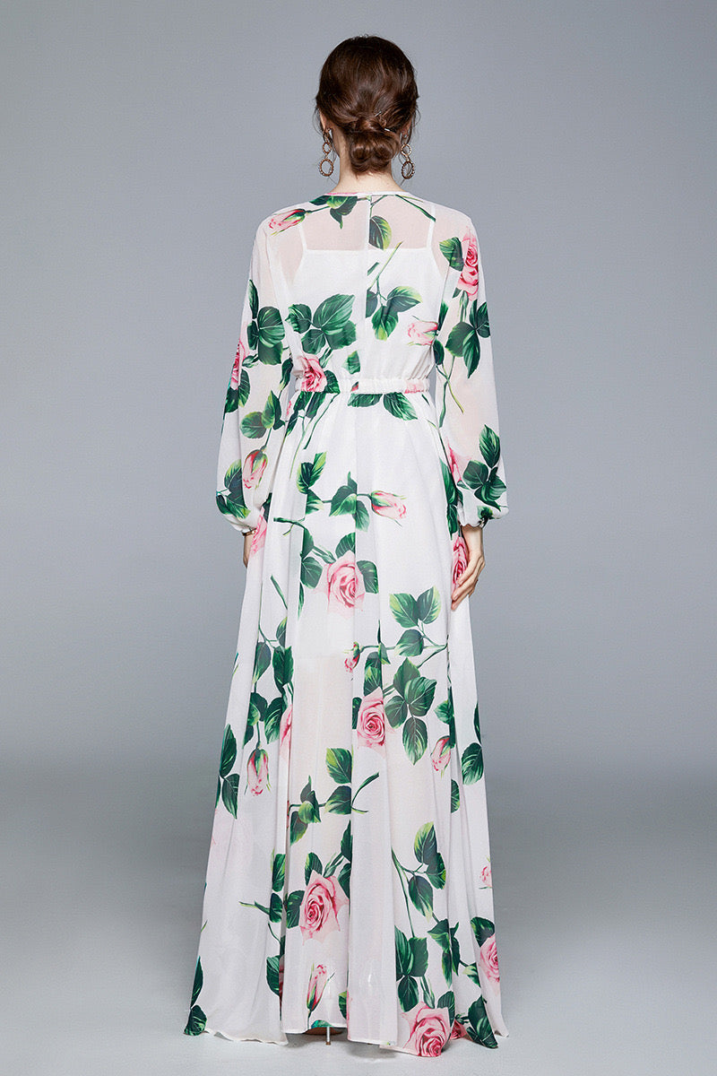 Bishop sleeve neck tie endless roses maxi dress