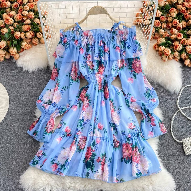 Off shoulder Shirring sleeve floral pouf dress