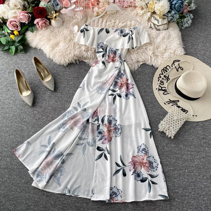 Flappy off shoulder floral split midi dress