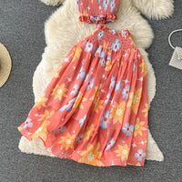 Watercolor smocked tie strappy croptop and midi skirt set