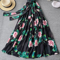 Strappy tie belt maxi roses dress