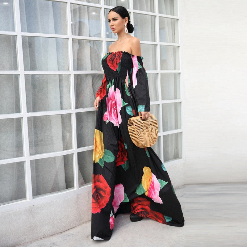 The extraordinary roses off shoulder smocked bodice maxi dress