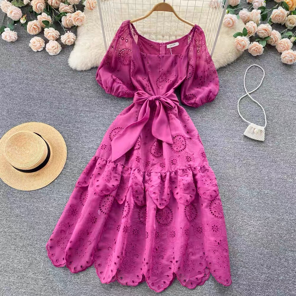 Belted eyelet embroidery lace midi dress