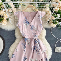 V neck ruffle floral mini dress