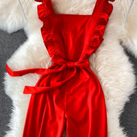 Ruffle apron tie waist jumpsuit