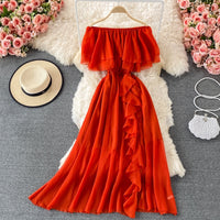 Flappy off shoulder side ruffle split dress