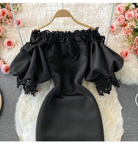 Off shoulder puff sleeve extender lace trim dress