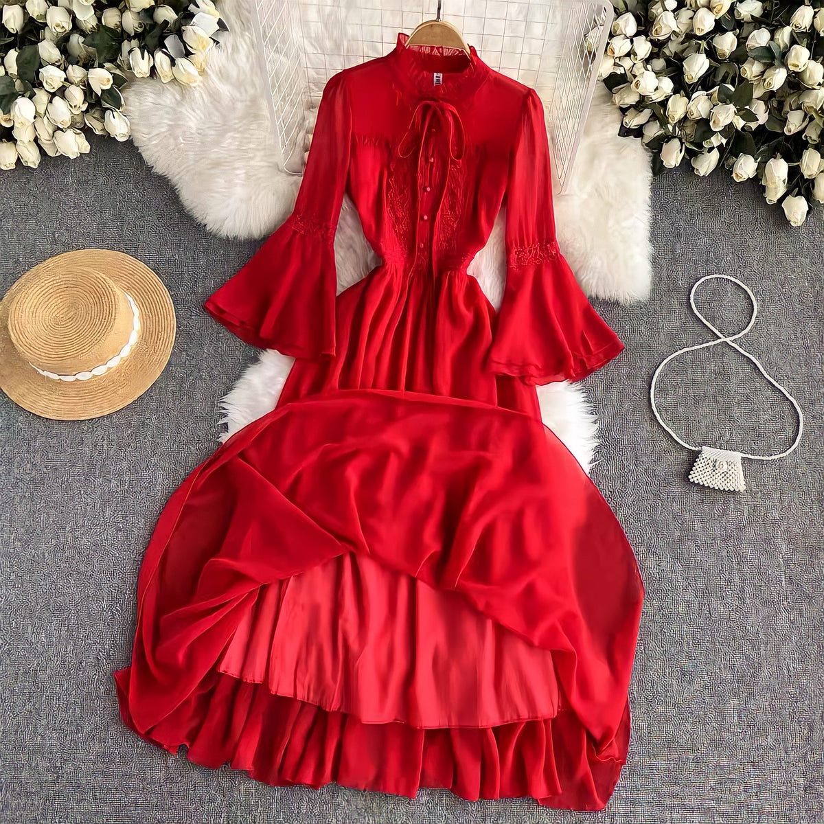 Flounce sleeve bowknot embellished lace maxi dress in red