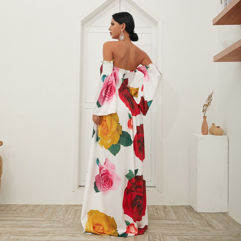 The extraordinary roses off shoulder smocked bodice maxi dress