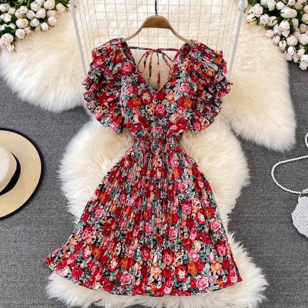 V neck ruffle layers cape sleeve floral pleated dress