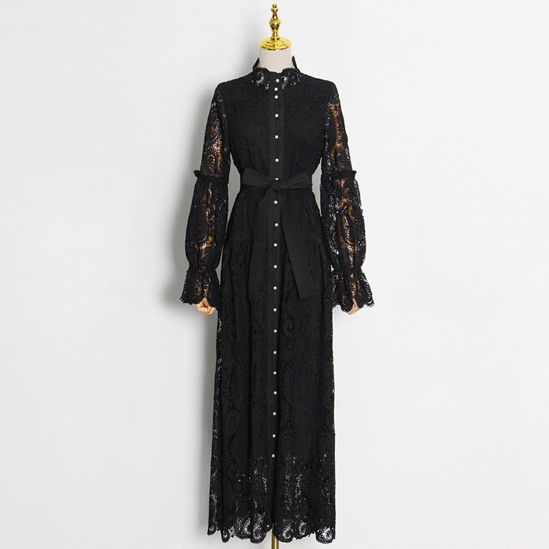 Belted embroidery lace maxi dress