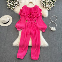 Zip up ruffle layers collar plisse jumpsuit