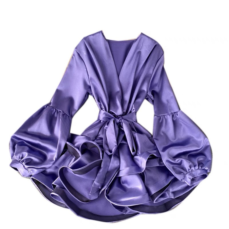 Lantern sleeve V neck ruffle layers satin dress