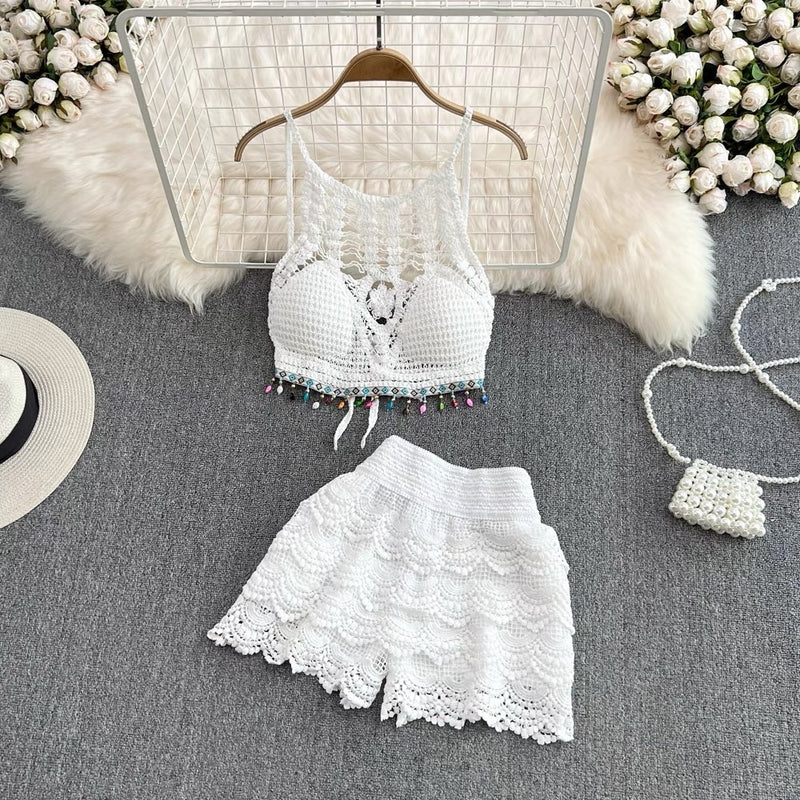 Embroidery lace halter 2 pieces swimming set