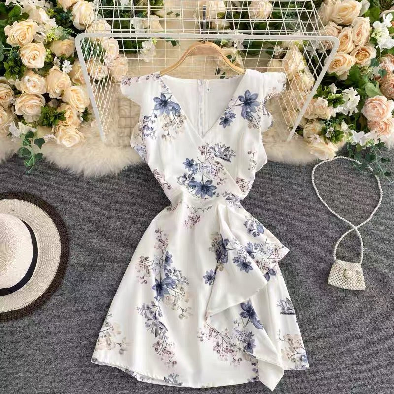 V neck ruffle floral mini dress