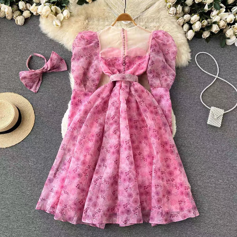 Belted sweet Caroline chiffon floral midi dress