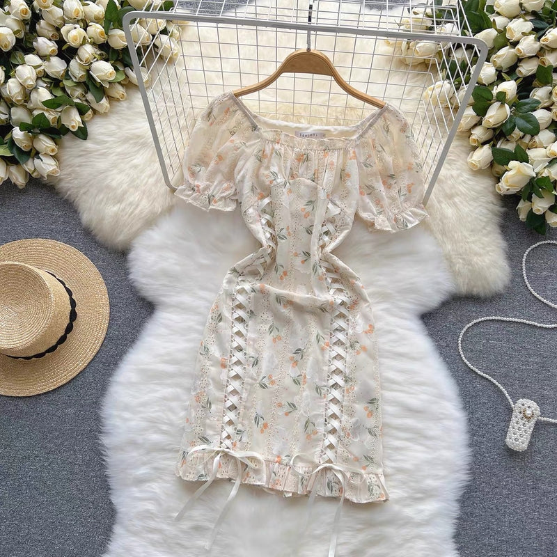 Drawstring embellished embroidery lace floral mini dress