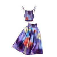 Watercolor smocked tie strappy croptop and midi skirt set