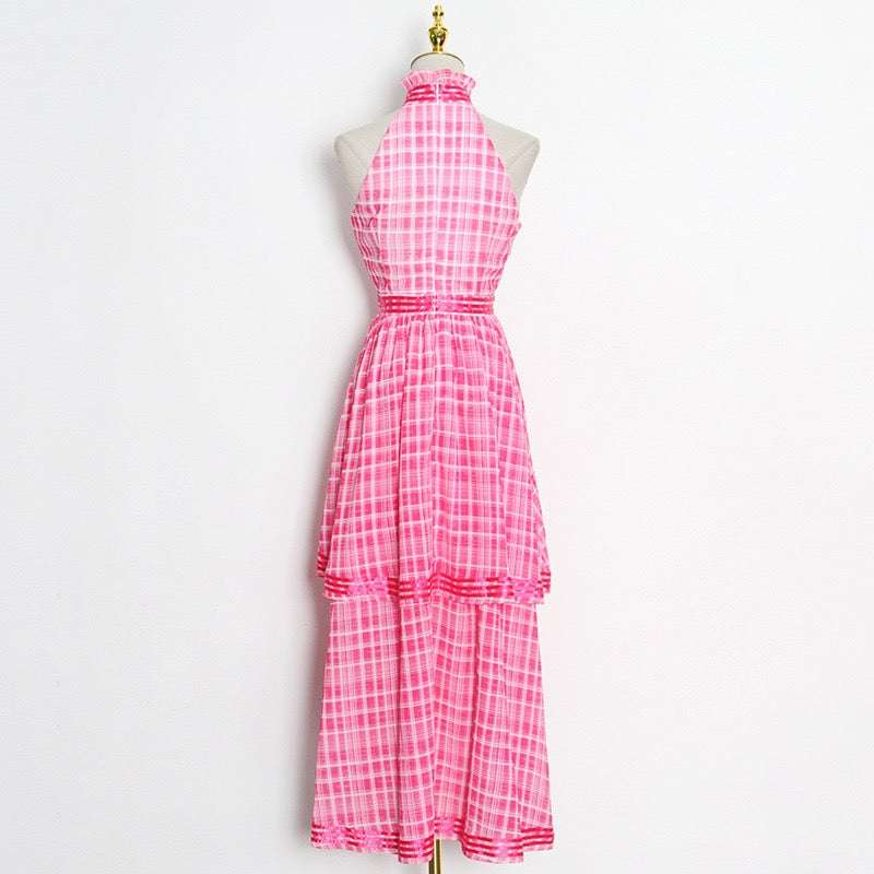 Halter asymmetrical layers side split plaid dress