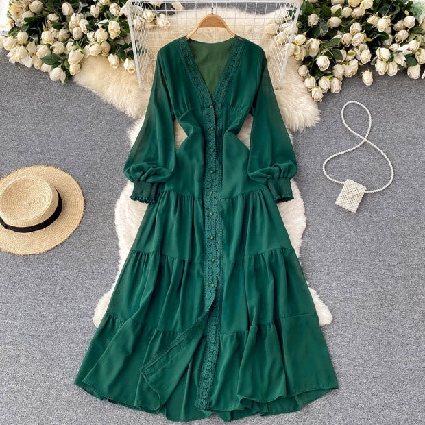 Long sleeve V neck tiered maxi chiffon dress