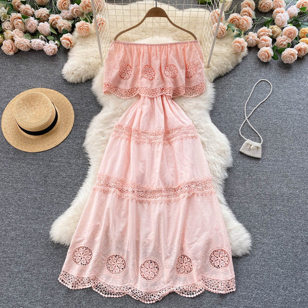 Flappy off shoulder embroidery lace maxi dress