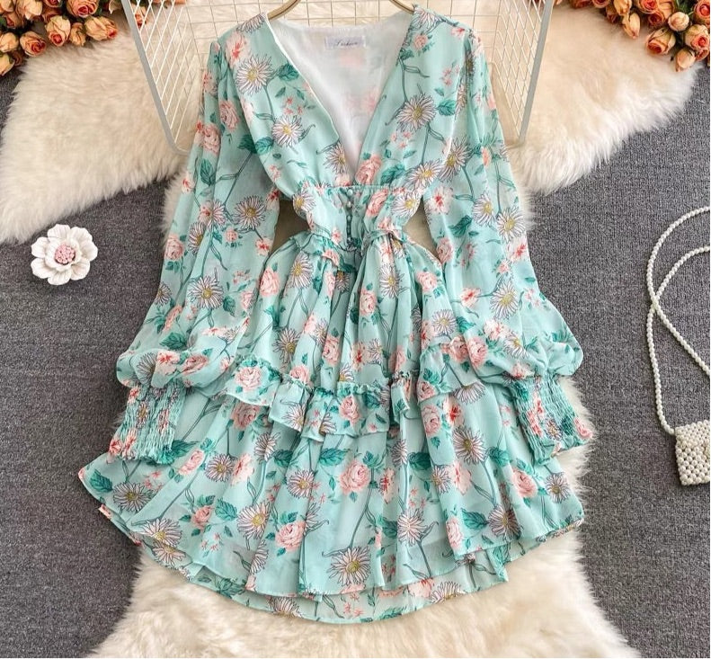 Bishop sleeve deep V neck floral ruffle dress