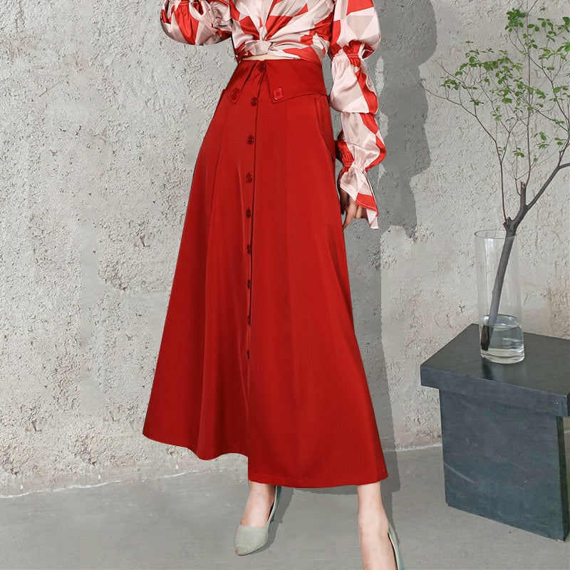 Button front belted maxi skirt in red