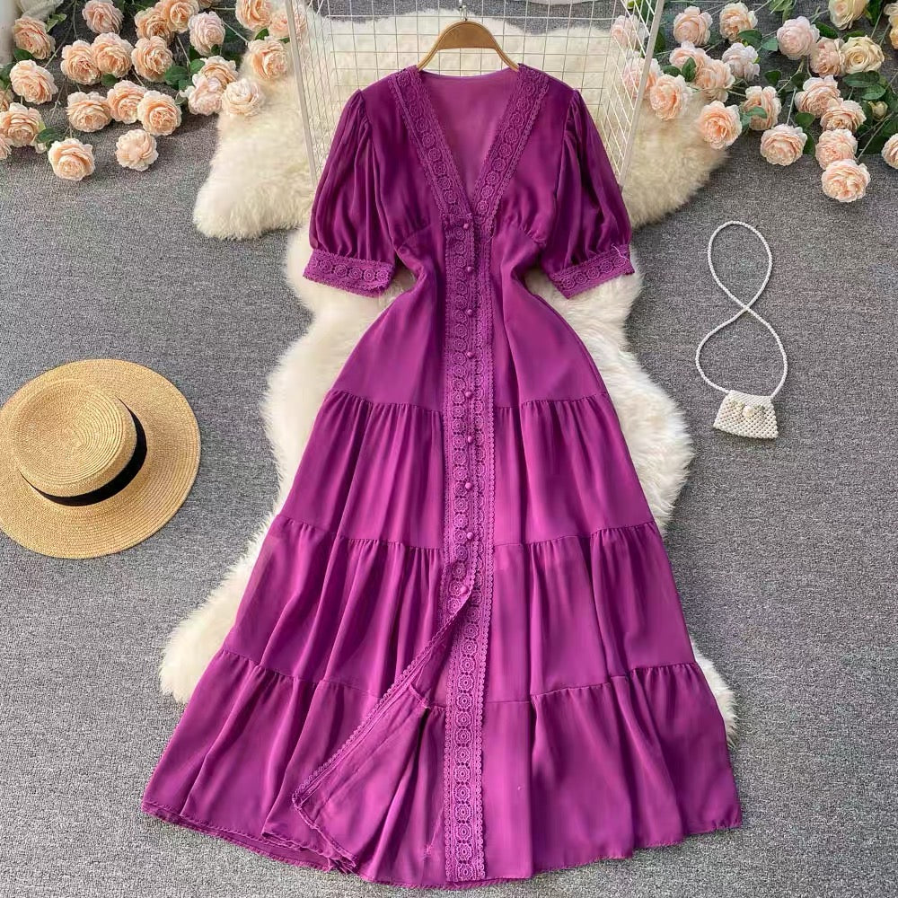 Short sleeve V neck tiered maxi chiffon dress