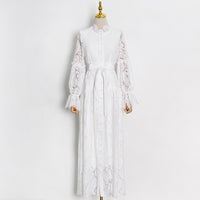 Belted embroidery lace maxi dress