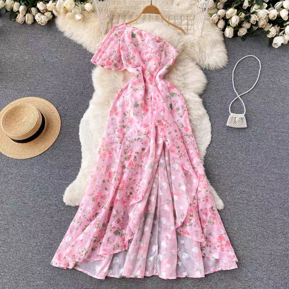 One shoulder asymmetrical side split pink floral maxi dress