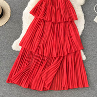 Off shoulder flappy pleated layers slit dress