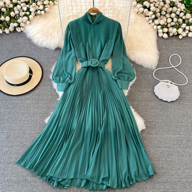 Cuff sleeve pleated maxi dress with matching color belt