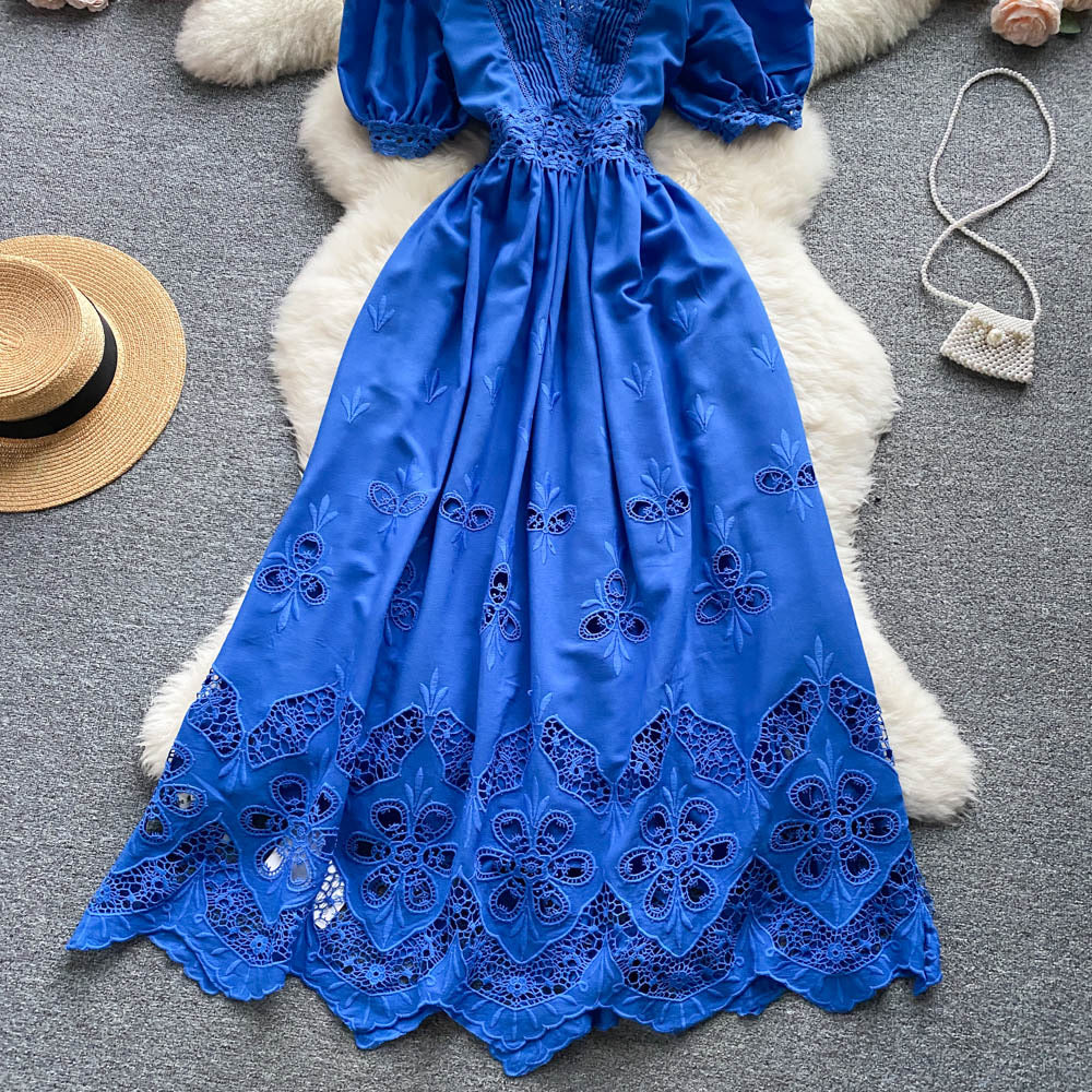 Puff sleeve eyelet embroidery lace V neck maxi dress