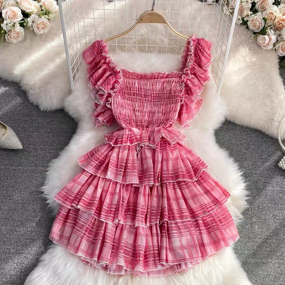 Smocked bodice ruffle layers plaid mini dress