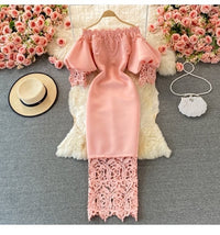 Off shoulder puff sleeve extender lace trim dress