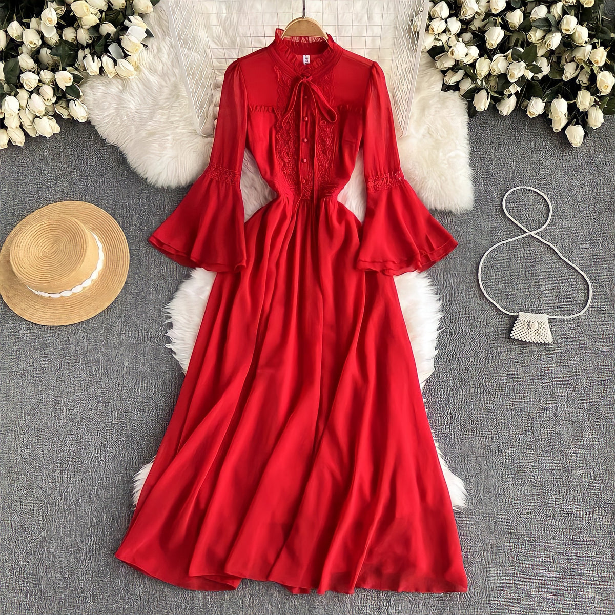 Flounce sleeve bowknot embellished lace maxi dress in red