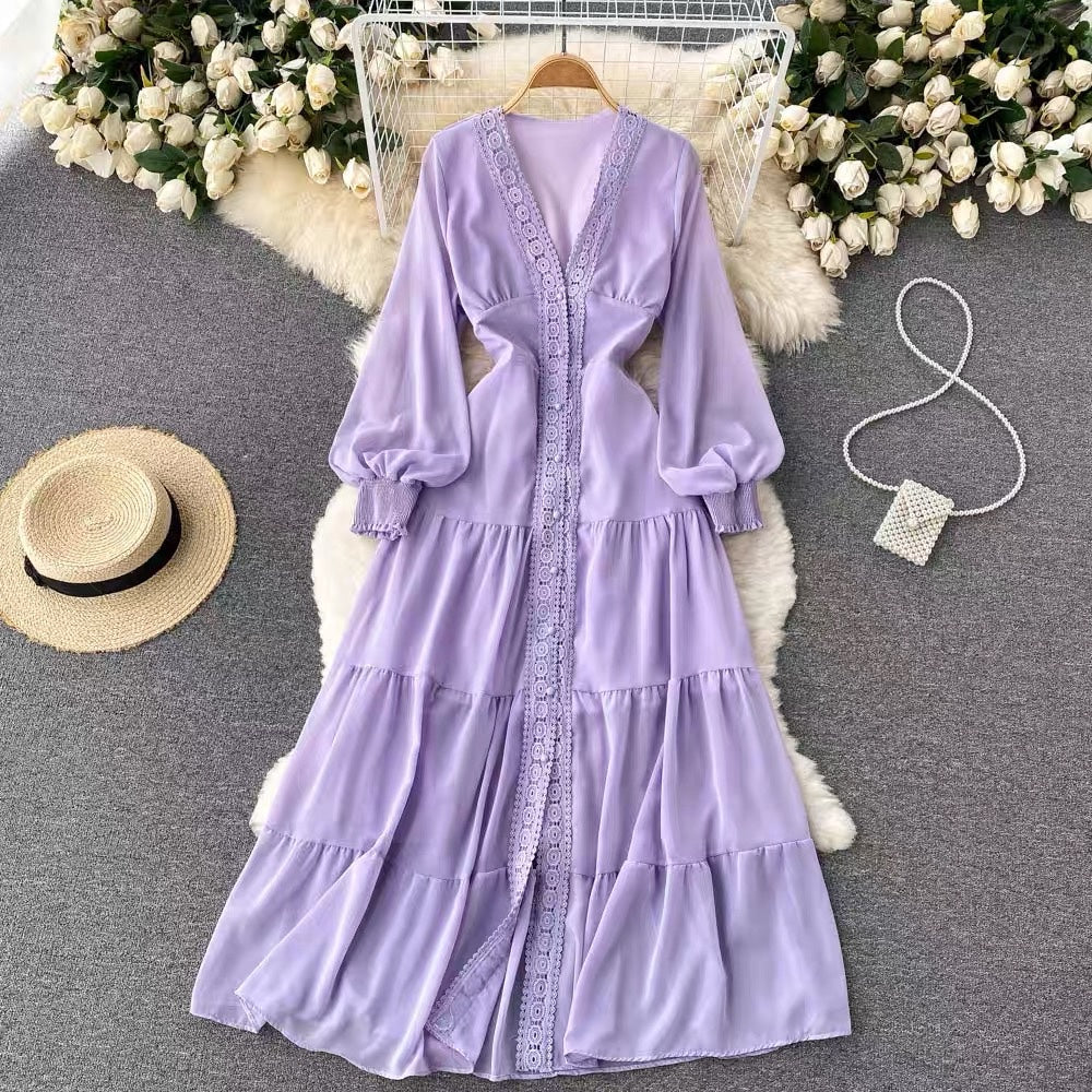 Long sleeve V neck tiered maxi chiffon dress