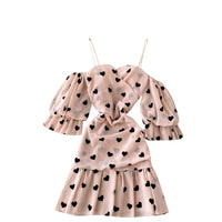 Off shoulder sweetheart with heart prints on chiffon dress