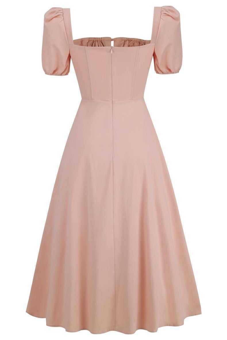 Classic ruched bustier side split solid pink dress