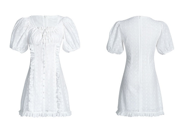 Eyelet embroidery lace drawstring neckline mini dress