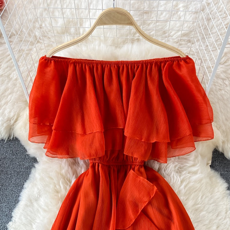 Flappy off shoulder side ruffle split dress