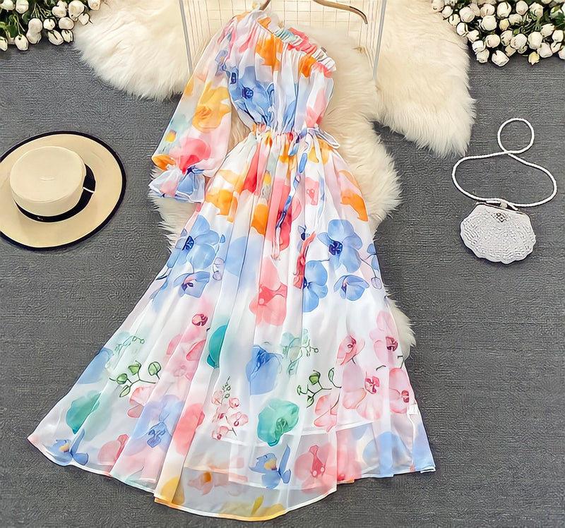 Poet sleeve one shoulder floral maxi dress